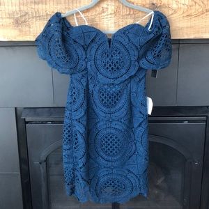 Lulus Bellisimo Navy Blue Lace Off Shoulder Dress